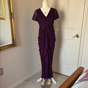 Adrianna Papell Burgundy Gown with Flutter Sleeves and Ruffled Design